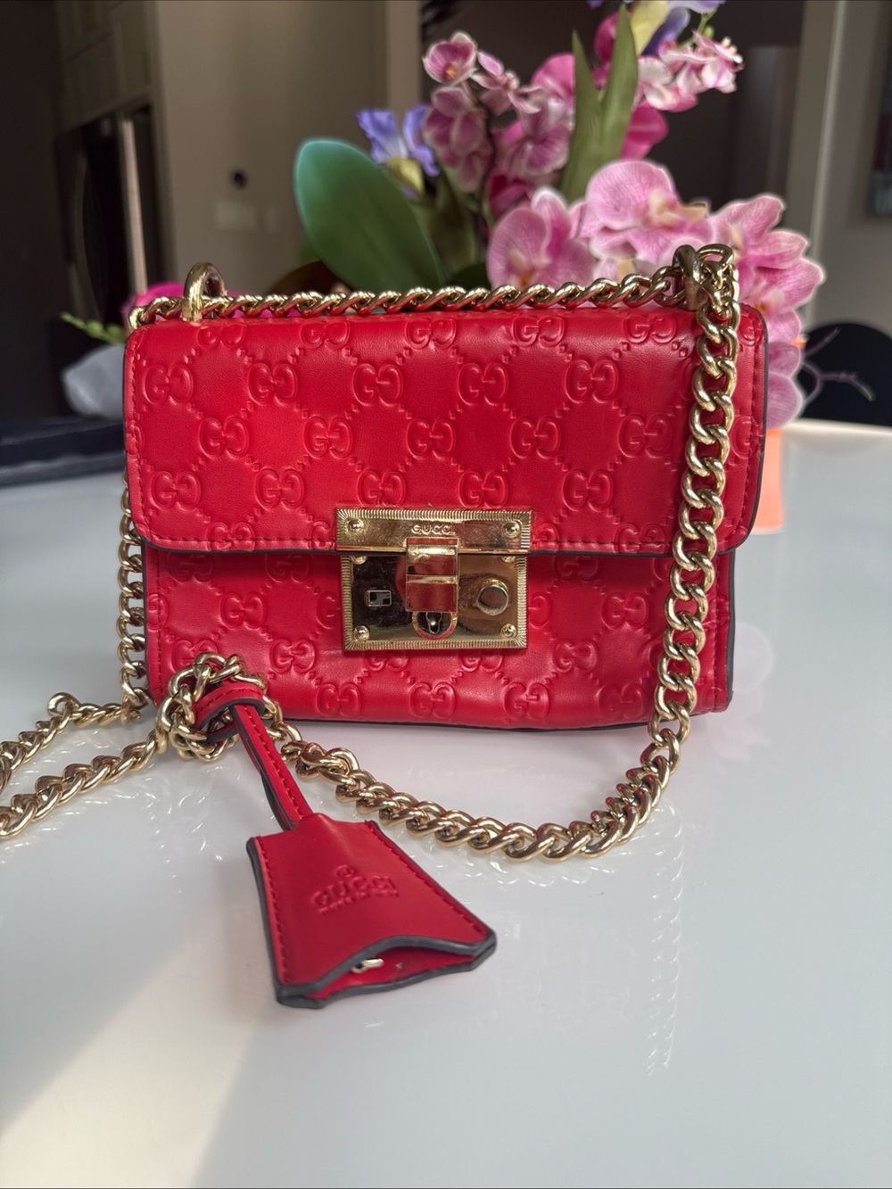 Gucci Guccissima GG Signature Red Leather Small Padlock Chain Shoulder Bag